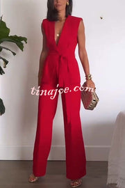 Keep It Classic V-neck Belted Vest and Mid Rise Pocket Wide Leg Pants Set