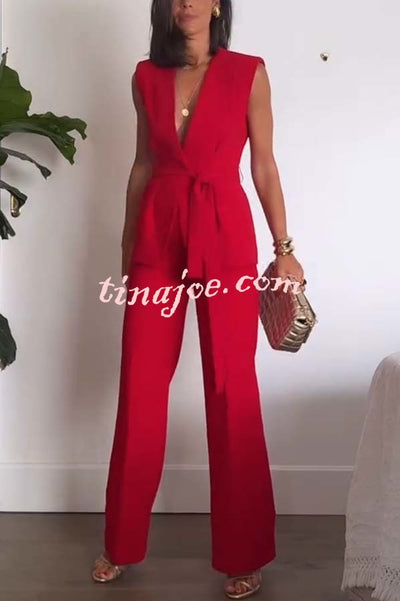 Keep It Classic V-neck Belted Vest and Mid Rise Pocket Wide Leg Pants Set