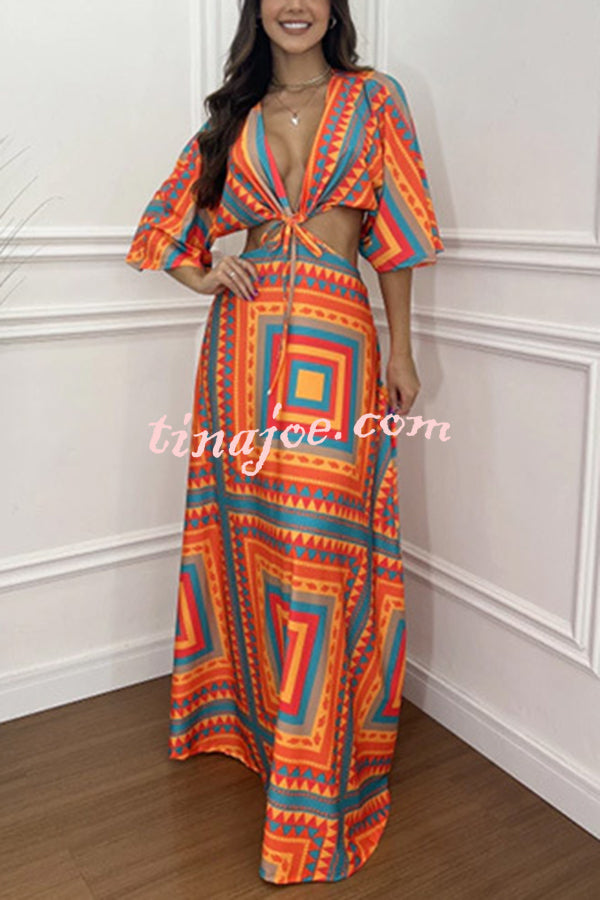 Wilma Unique Print Cutout Elastic Waist Tie-up Kimono Sleeve Maxi Dress