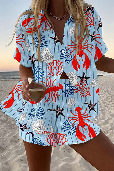Marine Life Print Loose Button Elastic Waist Shorts Set