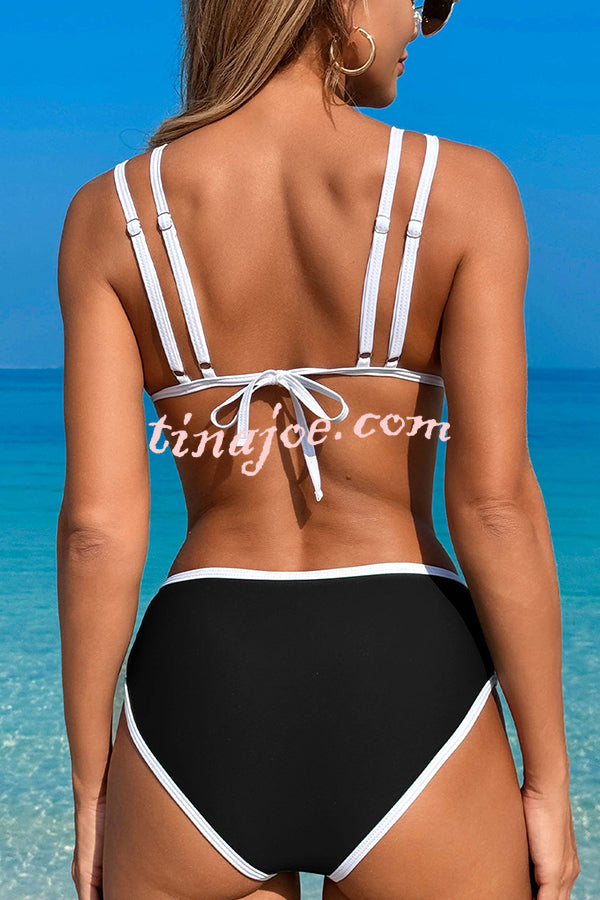 Contrast Color Lace-up Stretch Two-piece Bikini Swimsuit