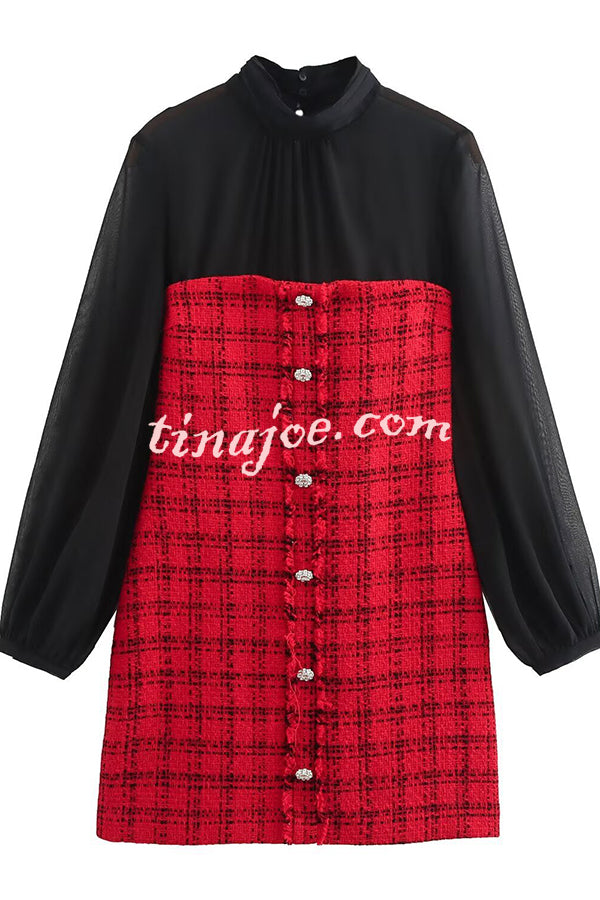 Festive Elegance Tulle Plaid Tweed Patchwork Balloon Sleeve Mini Dress