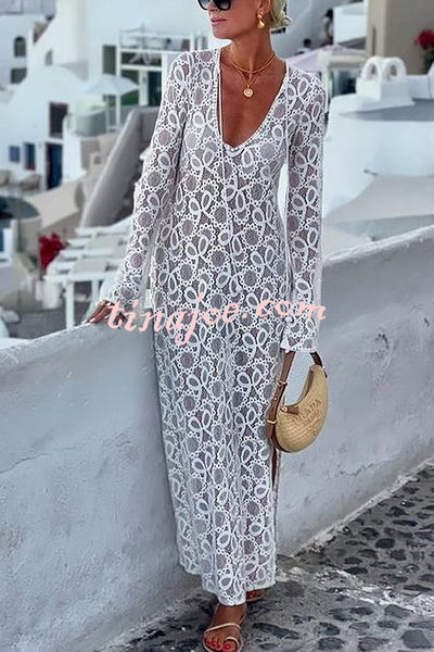 Santorini Sunset Floral Lace Long Sleeve Slit Vacation Maxi Dress