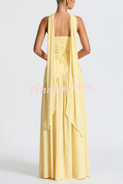 Elegant Off Shopulder Chiffon Pleated Hem Scarf Slit Maxi Dress