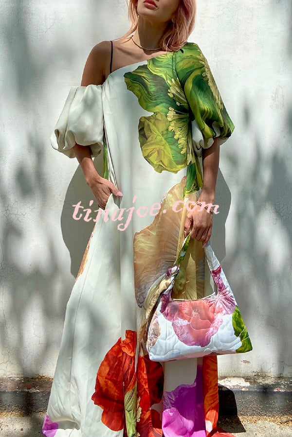 Floral Print Slant Collar Puff Sleeves Loose Holiday Maxi Dress