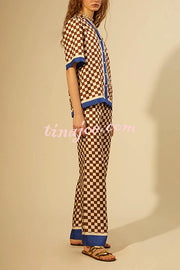 Olivia Satin Checkerboard Colorblock Print Shirt and Elastic Waist Pocketed Loose Pants Set