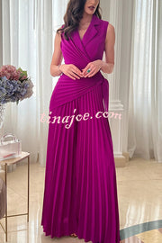 Solid Color Lapel Sleeveless Waist Tie Pleated Wide-leg Jumpsuit