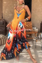Unique Printed Suspender V-neck Loose Maxi Dress