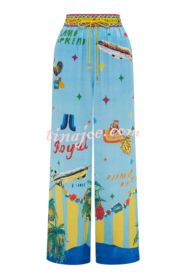 Vacation Flights Satin Unique Print Elastic Waist Pocketed Wide Leg Pants