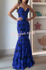 Eliora Mesh Polka Dot Print Gathered Bust Layered Fishtail Hem Maxi Dress