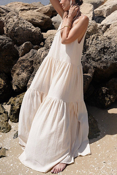 Beach Day Linen Blend Back Tie-up A-line Layered Maxi Dress