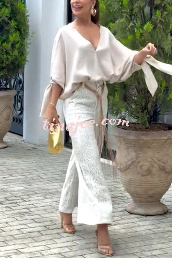 Joyful Bond Linen Blend V-neck Knotted Cuff Half Sleeve Loose Top