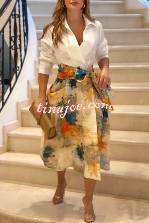 Jiles Linen Blend Unique Contrast Print Long Sleeve Tie-up Pocket Shirt Midi Dress