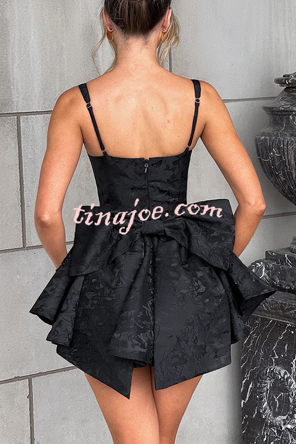 Jacquard Fabric Halter Back Elegant Bow Slim Fit Mini Dress