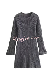 Beautiful Basic Ribbed Knit Long Slit Sleeve Flare Stretch Dress