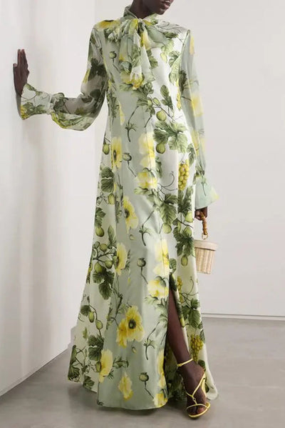 Floral Print Tie Neck Balloon Sleeves Elegant Maxi Dress