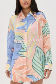 Bella Linen Blend Colorful Unique Print Long Sleeve Blouse and Elastic Waist Pocket Loose Shorts Set
