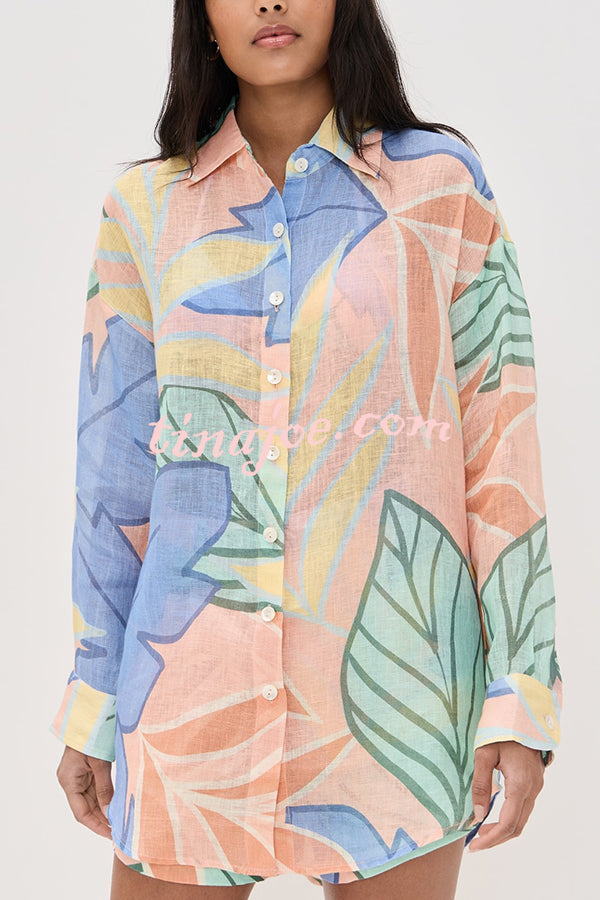 Bella Linen Blend Colorful Unique Print Long Sleeve Blouse and Elastic Waist Pocket Loose Shorts Set