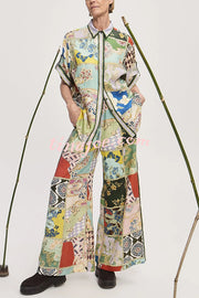 Linen Blend Lapel Short Sleeve Loose Top and Elastic Waist Casual Pocket Wide Leg Pants Set