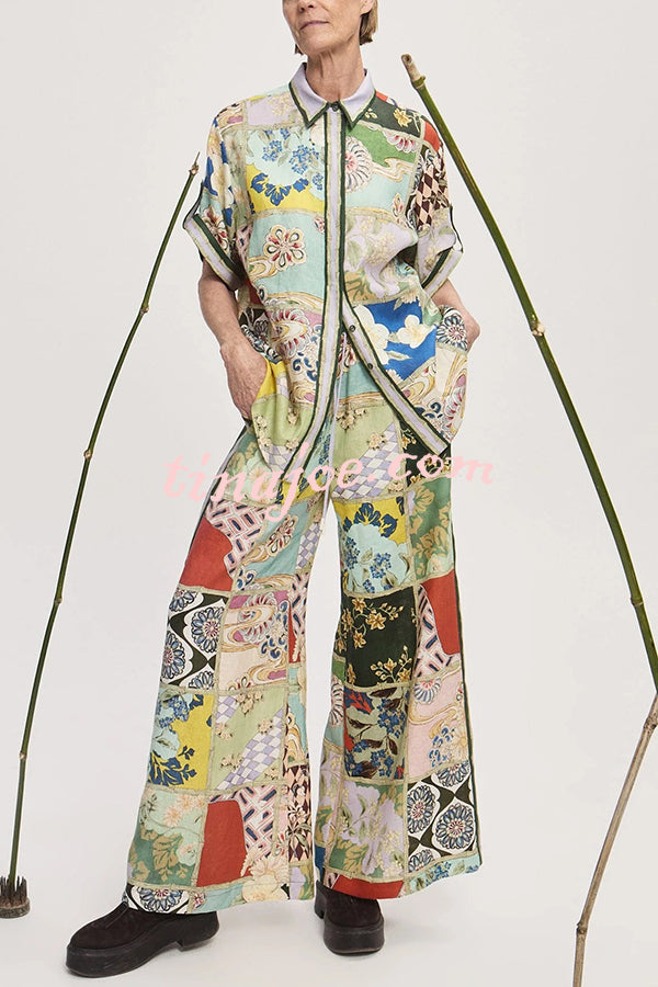 Linen Blend Lapel Short Sleeve Loose Top and Elastic Waist Casual Pocket Wide Leg Pants Set