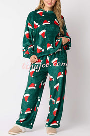 Christmas Printed Crew Neck Long Sleeve Top and Elastic Waist Loose Pants Set