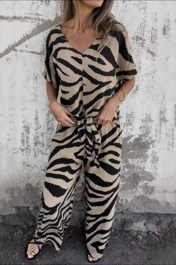 Zebra Print V-neck Short-sleeved Lace-up Top and Elastic Waist Pocket Straight-leg Pants Set