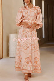 Linen Blend Lapel Puff Sleeve Casual Waist Belted Maxi Dress