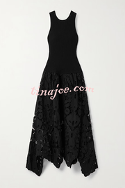 Atlas Asymmetric Ribbed-knit and Guipure Lace Back Zipper Midi Dress