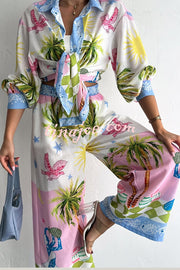 Holiday Style Print Loose Long Sleeve Shirt and Elastic Waist Loose Pocket Wide Leg Pants Set