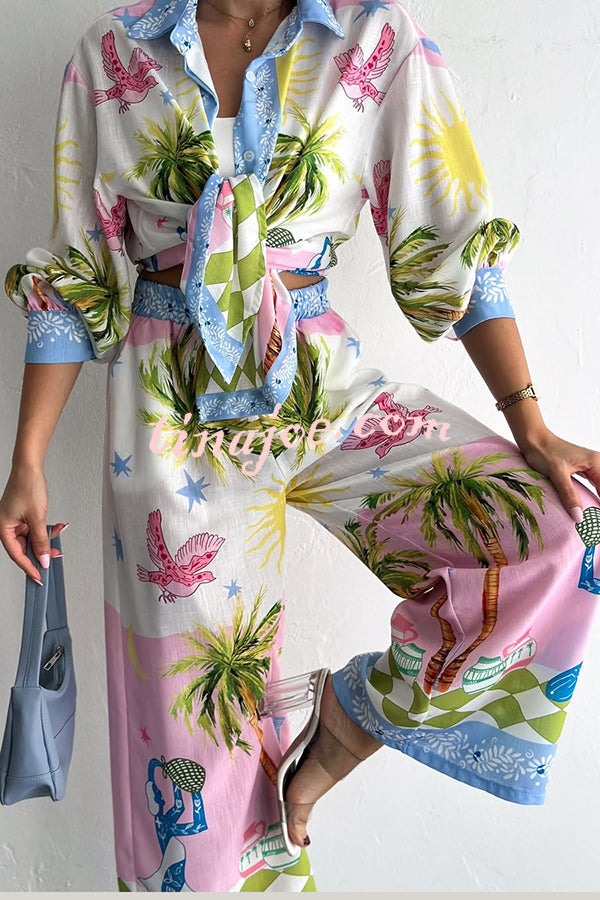 Holiday Style Print Loose Long Sleeve Shirt and Elastic Waist Loose Pocket Wide Leg Pants Set