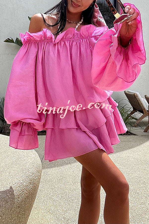 Arnell Linen Blend Off Shoulder Balloon Sleeve Shirt and Elastic Waist Layered Shorts Set