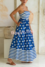 Striped Polka-dot Print Sling Pleated Open-back Maxi Dress