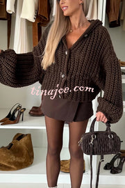 Warm Day Knit Button Up Long Balloon Sleeve Hooded Loose Cardigan