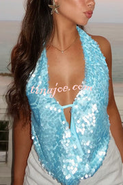 Mermaid Princess Sequins Cowl Neck Halter Backless Top