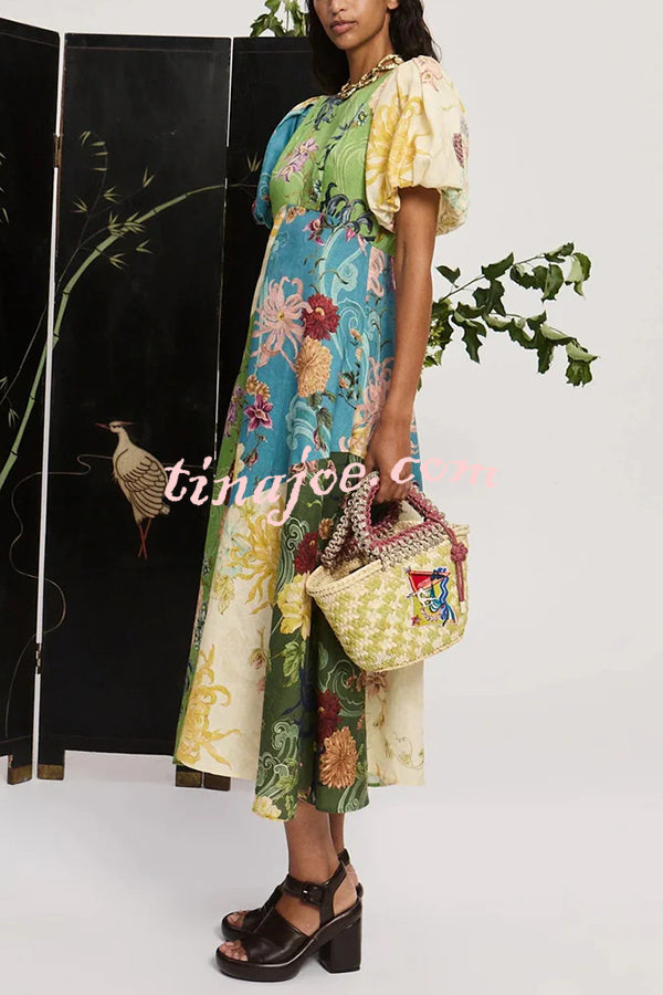 Floral Print Round Neck Puff Sleeve Casual Midi Dress