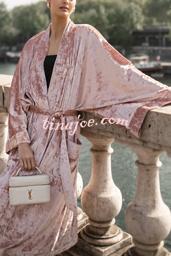 Gorgeous Glossy Velvet Long Bell Sleeve Tie-up Pocket Midi Kimono Coat