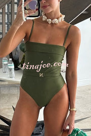 Solid Color Suspender Buckle Waist Elastic Swimsuit