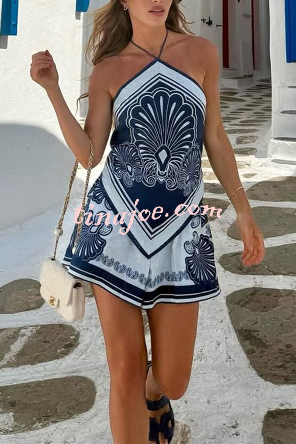 Jiya Linen Blend Unique Print Halter Scarf Tank and Elastic Waist Pocket Shorts Set