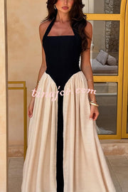 Fashion Contrast Color Stitching Sleeveless Backless Slim Maxi Dress
