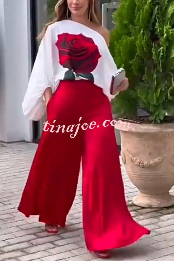 Elegant Rose Print Long Sleeve Belted Wide Leg Pants Suit