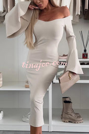 Solid Color Sexy Off-shoulder Trumpet Sleeve Slim Midi Dress