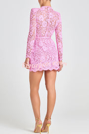 Champagne Toast Flower Lace Long Sleeve Bow Belted Mini Dress