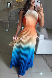 Fashionable Backless Tie Elegant Gradient Pleated Maxi Dress