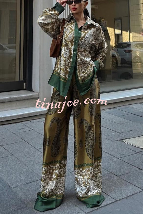 Naya Satin Contrast Color Paisley Long Sleeve Shirt and Elastic Waist Pocketed Pants Set