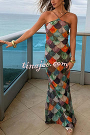 Little Mermaid Colorful Scales Print Halter Maxi Dress