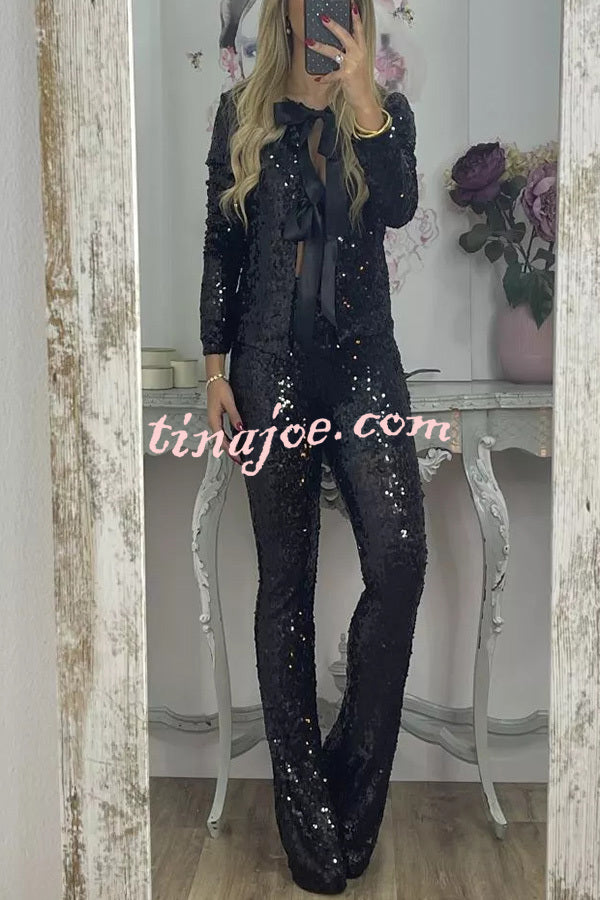 Holiday Cheer Sequin High Rise Elastic Waist Flared Stretch Pants