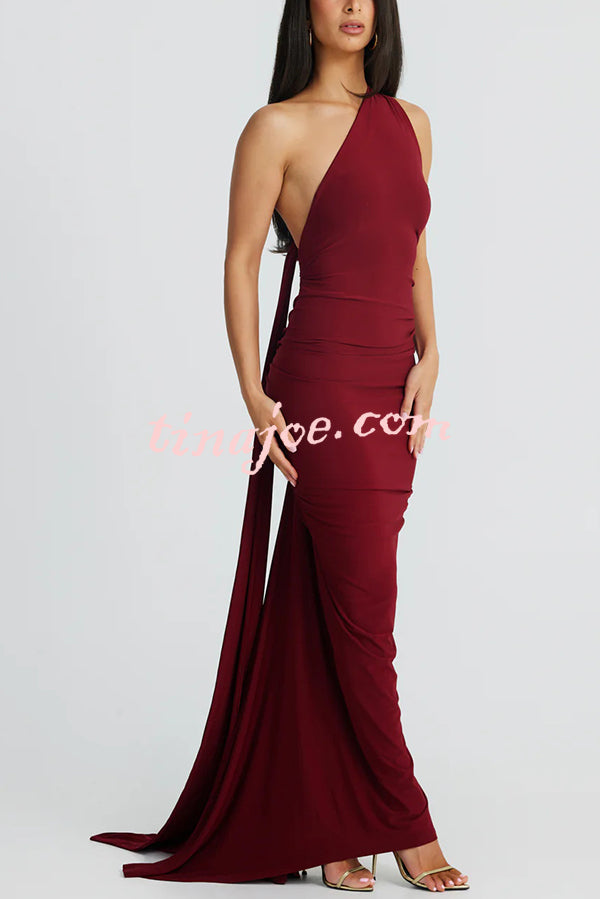 Sexy Backless Pleated Slim Solid Color Sleeveless Elegant Maxi Dress