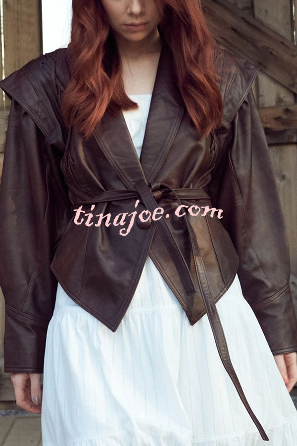 Street Warrior Faux Leather Distressed Style Lace-up Lapel Belt Oversized Jacket