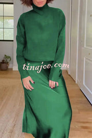 Jaelyn Solid Color Turtleneck Long Sleeve Sweater and Satin Elastic Waist Maxi Skirt Set