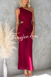 Solid Color Elegant Mesh One Shoulder Sexy Waist Hollow Out Maxi Dress